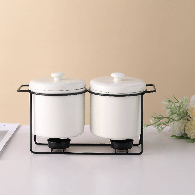 Home kitchen 2pcs ceramic jars Durable Chic Design with lid metal rack