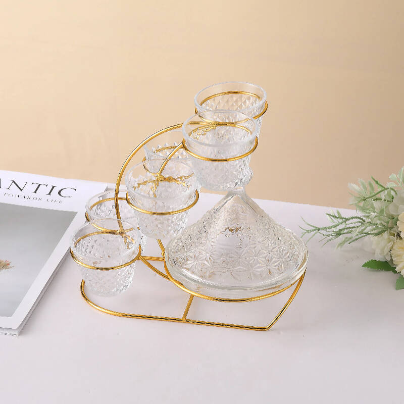 wine glass 6pcs and dessert plate ，China Glass tea cup with fruit plate，Hotel restaurant commercial fruit plate wine glass set