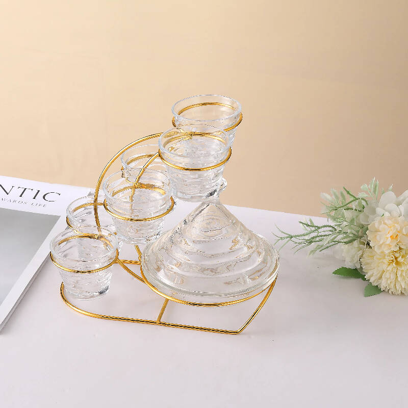 China wholesale cheap art luxury transparent fruit plate wine glass 6pcs and dessert plate with lid metal rack set