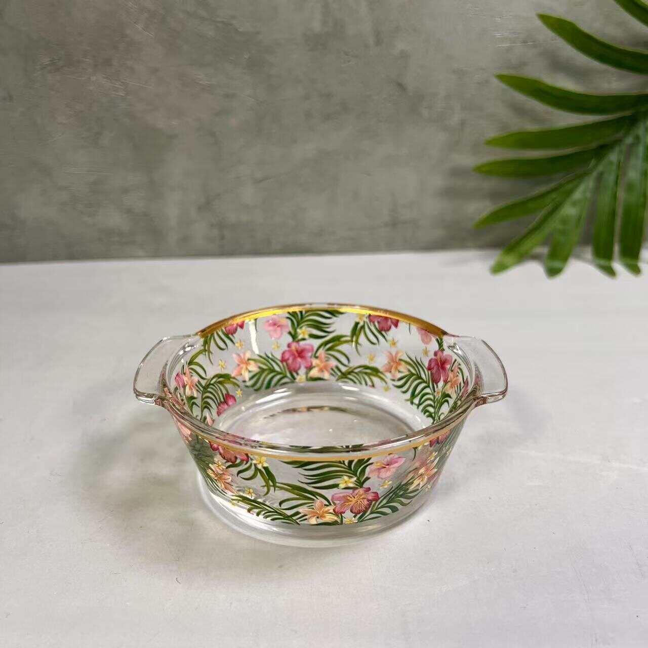 glass container Set,Salad bowl，Retro floral round square pot set