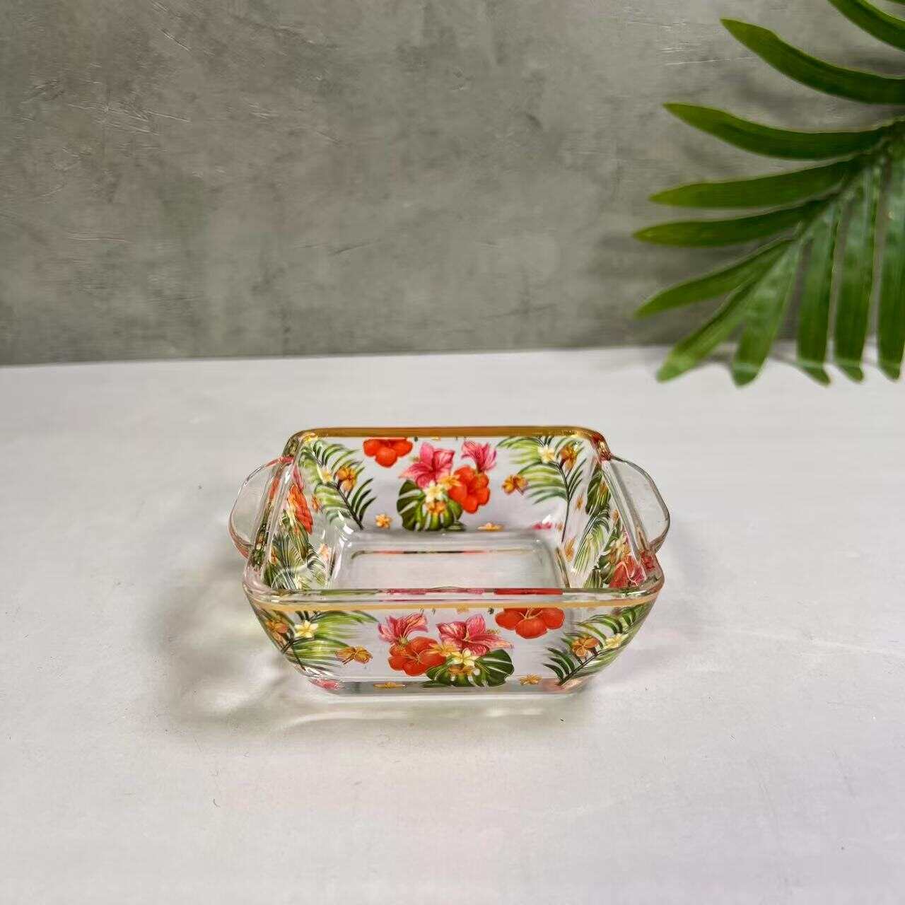 glass container Set,Salad bowl，Retro floral round square pot set