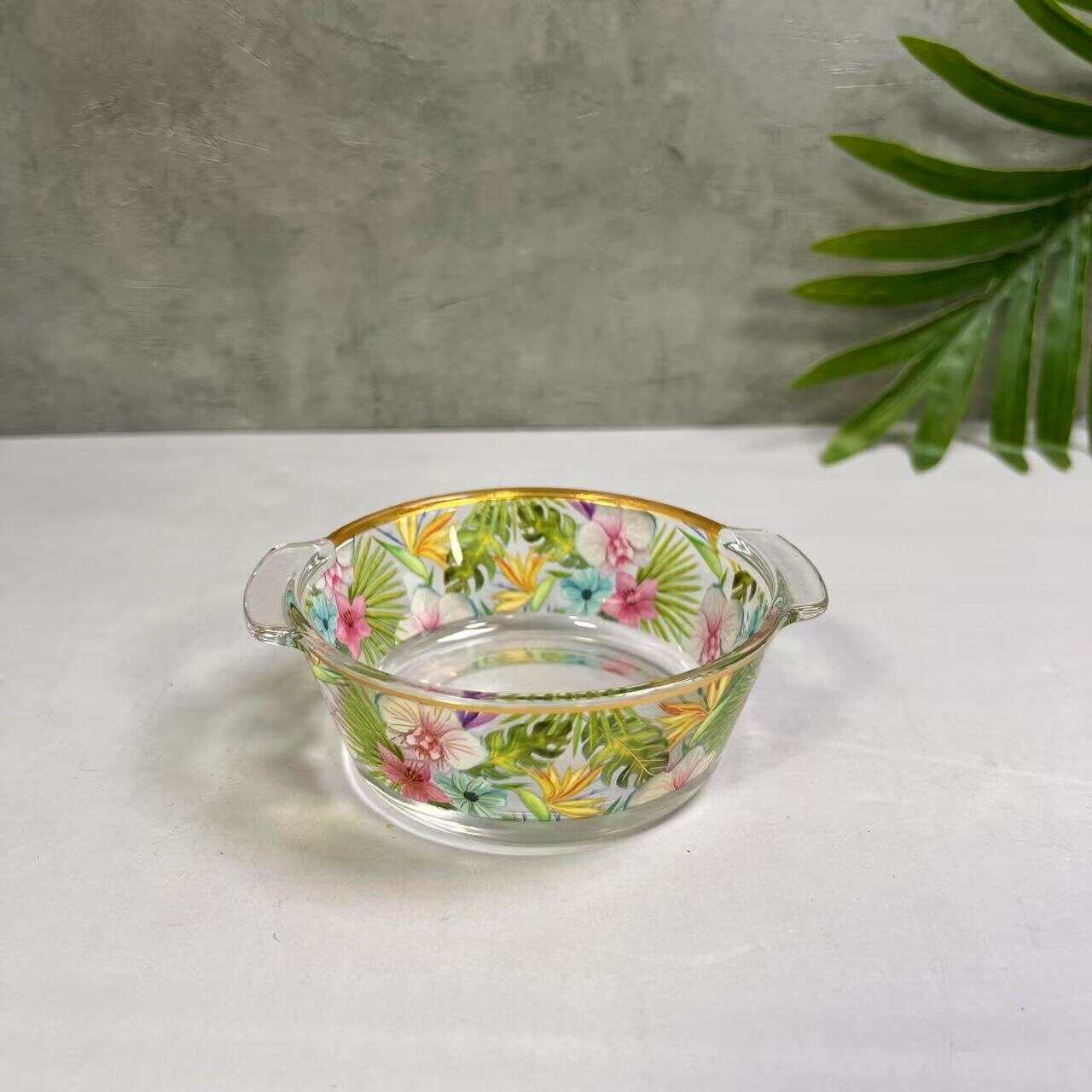 glass container Set,Salad bowl，Retro floral round square pot set
