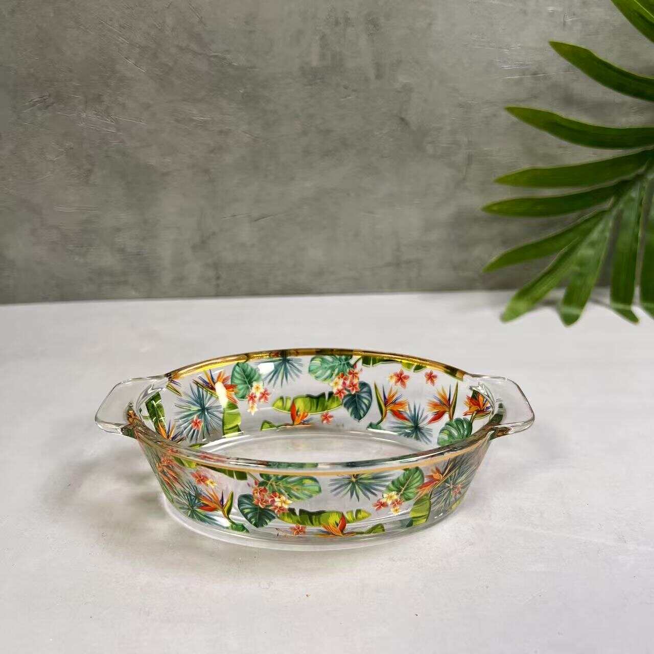glass container Set,Salad bowl，Retro floral round square pot set