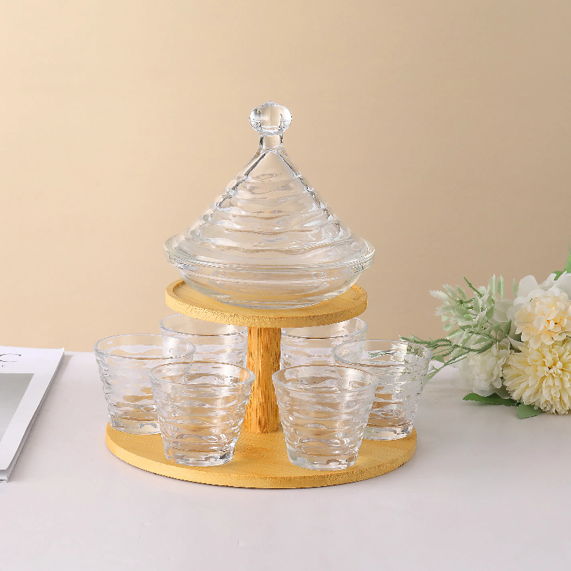 glass juice cup 6 cups with plate,Glass wine cup with dustproof fruit tray，Fruit tray cup set with storage rack