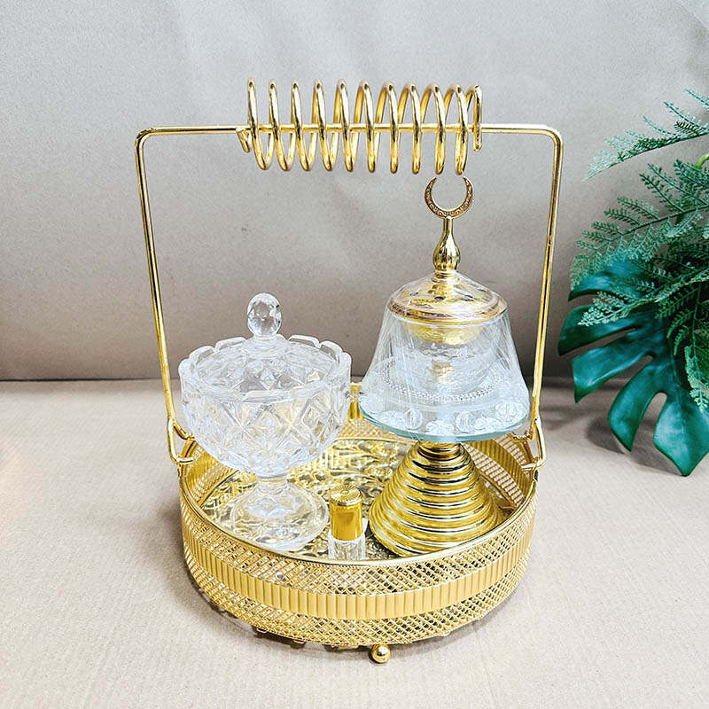 Middle eastern style  Portable gold-plated basket with incense holder and spice holder contain set