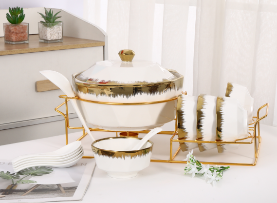 6 bowls soup pot set，ceramic stockpot set，With heating frame tableware stock pot set