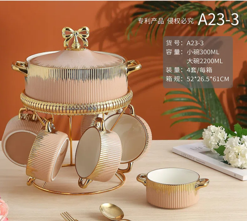 Stockpot Gift Set with 6 Soup Bowls，Luxury large capacity soup pot set，Family set soup pot