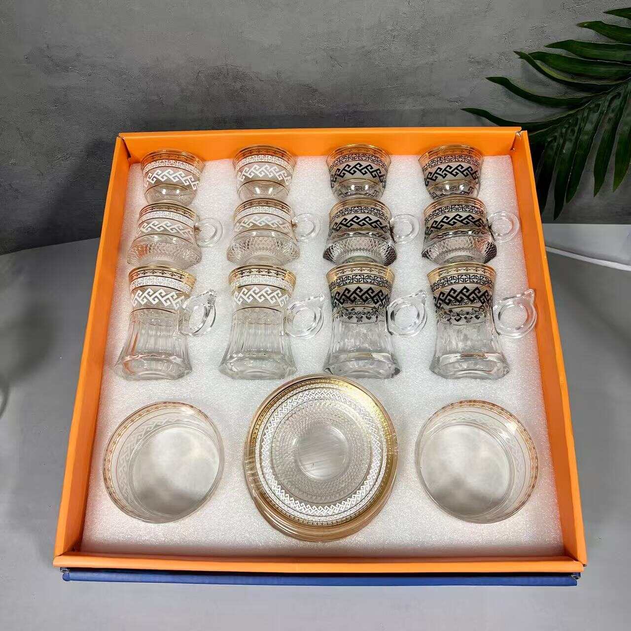 Handmade Tea Glass Set,  Floral Turkish Tea Glasses with Saucers ,Handmade Tea Glass Set Coffee Set