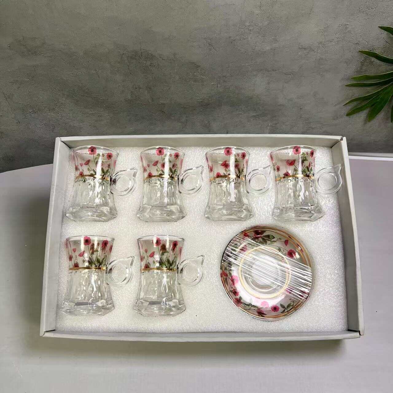 Handmade Tea Glass Set,  Floral Turkish Tea Glasses with Saucers ,Handmade Tea Glass Set Coffee Set