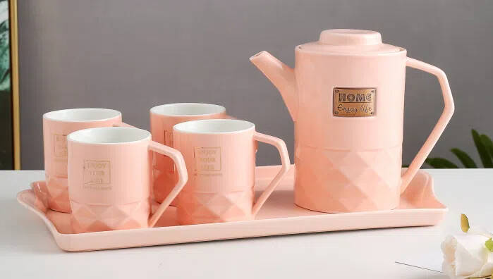 Elegant Large-capacity flower tea ceramic pot with 4 cup set with tray ...