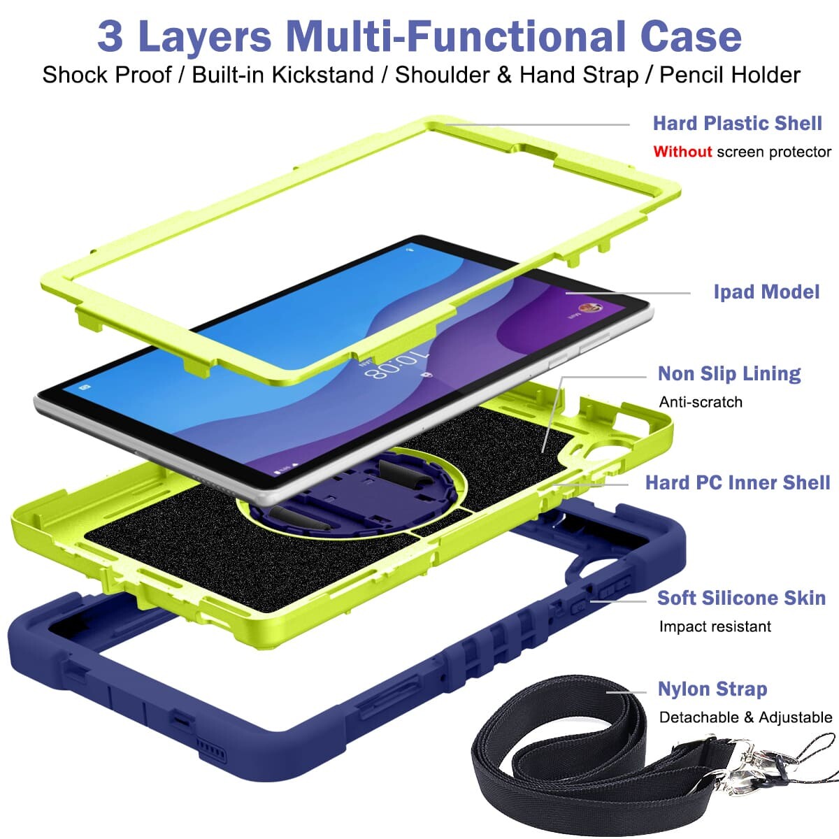 Lenovo M10 HD X306 case;Shockproof tablet case;Three-in-one protective case;Anti-fall case for Lenovo;Durable tablet cover;Lenovo M10 HD X306 accessory;Shock-absorbent tablet case;Rugged case for Lenovo tablet;Tablet case with stand;Lenovo M10 HD X306 protective cover