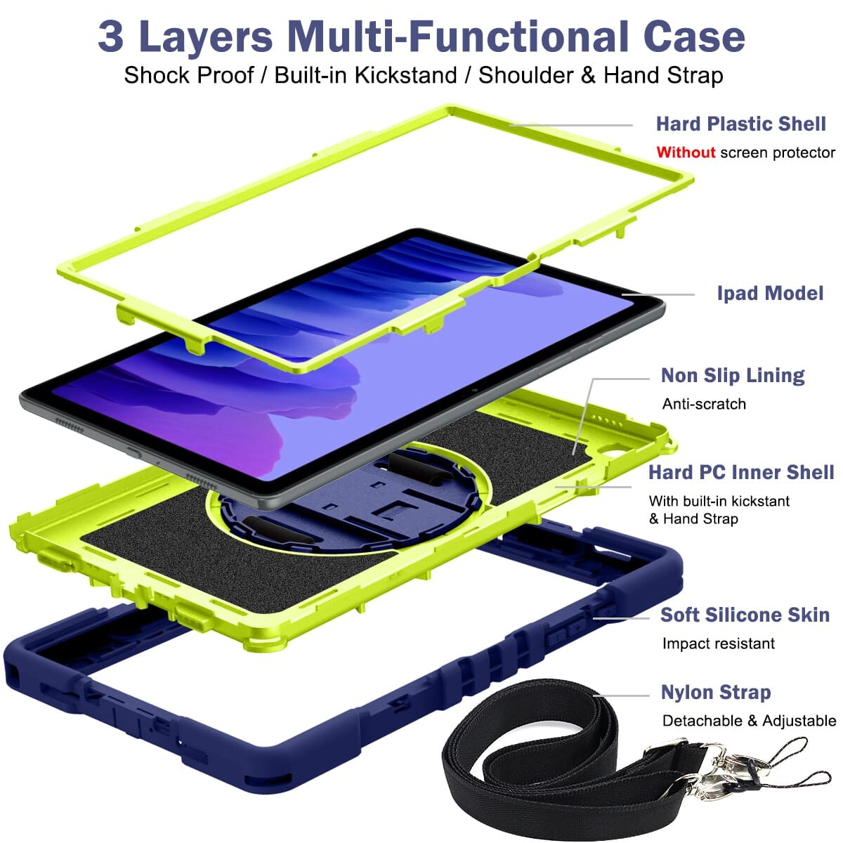 Samsung Galaxy Tab A7 case;360 degree rotation kickstand;Shock absorbent tablet cover;Shoulder strap tablet case;Galaxy Tab A7 accessory;Protective tablet case;Rotating kickstand case;Durable tablet cover;Tablet case with shoulder strap;Lightweight shockproof case;Samsung A7 protective cover;Versatile tablet case;Everyday use tablet case;Stylish tablet protection;Portable tablet case with strap