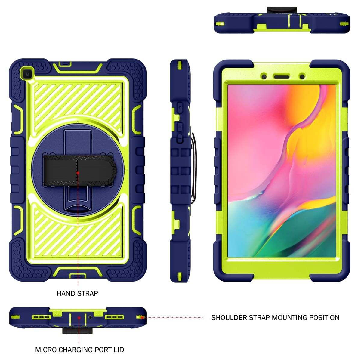 Samsung Galaxy Tab A 8.0 case;360 degree rotation kickstand;Shock absorbent tablet cover;Shoulder strap tablet case;Galaxy Tab A 8.0 accessory;Protective tablet case;Rotating kickstand case;Durable tablet cover;Tablet case with shoulder strap;Lightweight shockproof case;Samsung A 8.0 protective cover;Versatile tablet case;Everyday use tablet case;Stylish tablet protection;Portable tablet case with strap