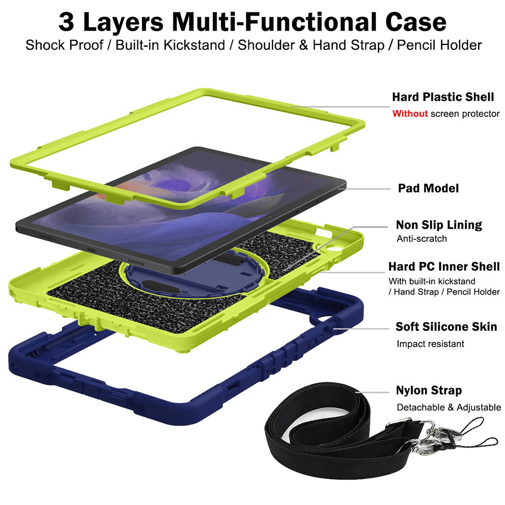 Samsung Galaxy Tab A9 case;360 degree rotation kickstand;Shock absorbent tablet cover;Shoulder strap tablet case;Galaxy Tab A9 accessory;Protective tablet case;Rotating kickstand case;Durable tablet cover;Tablet case with shoulder strap;Lightweight shockproof case;Samsung A9 protective cover;Versatile tablet case;Everyday use tablet case;Stylish tablet protection;Portable tablet case with strap