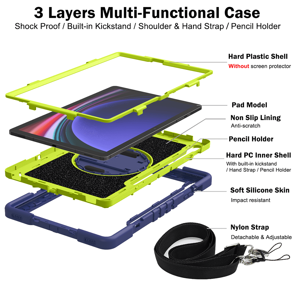 Samsung Galaxy Tab S9 Plus case;360 degree rotation kickstand;Shock absorbent tablet cover;Shoulder strap tablet case;Galaxy Tab S9 Plus accessory;Protective tablet case;Rotating kickstand case;Durable tablet cover;Tablet case with shoulder strap;Lightweight shockproof case;Samsung S9 Plus protective cover;Versatile tablet case;Everyday use tablet case;Stylish tablet protection;Portable tablet case with strap