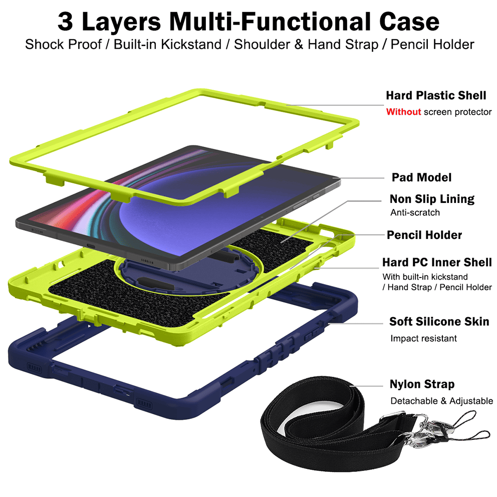 Samsung Galaxy Tab S9 case;360 degree rotation kickstand;Shock absorbent tablet cover;Shoulder strap tablet case;Galaxy Tab S9 accessory;Protective tablet case;Rotating kickstand case;Durable tablet cover;Tablet case with shoulder strap;Lightweight shockproof case;Samsung S9 protective cover;Versatile tablet case;Everyday use tablet case;Stylish tablet protection;Portable tablet case with strap