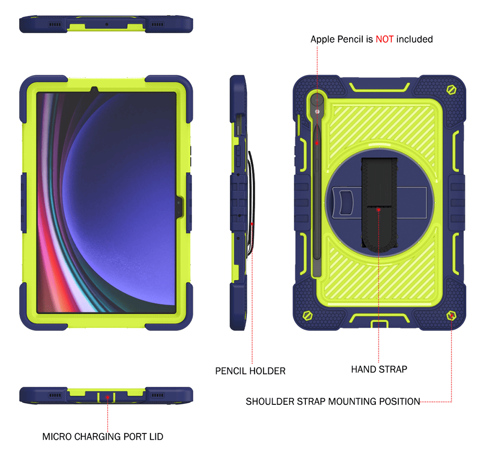 Samsung Galaxy Tab S9 case;360 degree rotation kickstand;Shock absorbent tablet cover;Shoulder strap tablet case;Galaxy Tab S9 accessory;Protective tablet case;Rotating kickstand case;Durable tablet cover;Tablet case with shoulder strap;Lightweight shockproof case;Samsung S9 protective cover;Versatile tablet case;Everyday use tablet case;Stylish tablet protection;Portable tablet case with strap