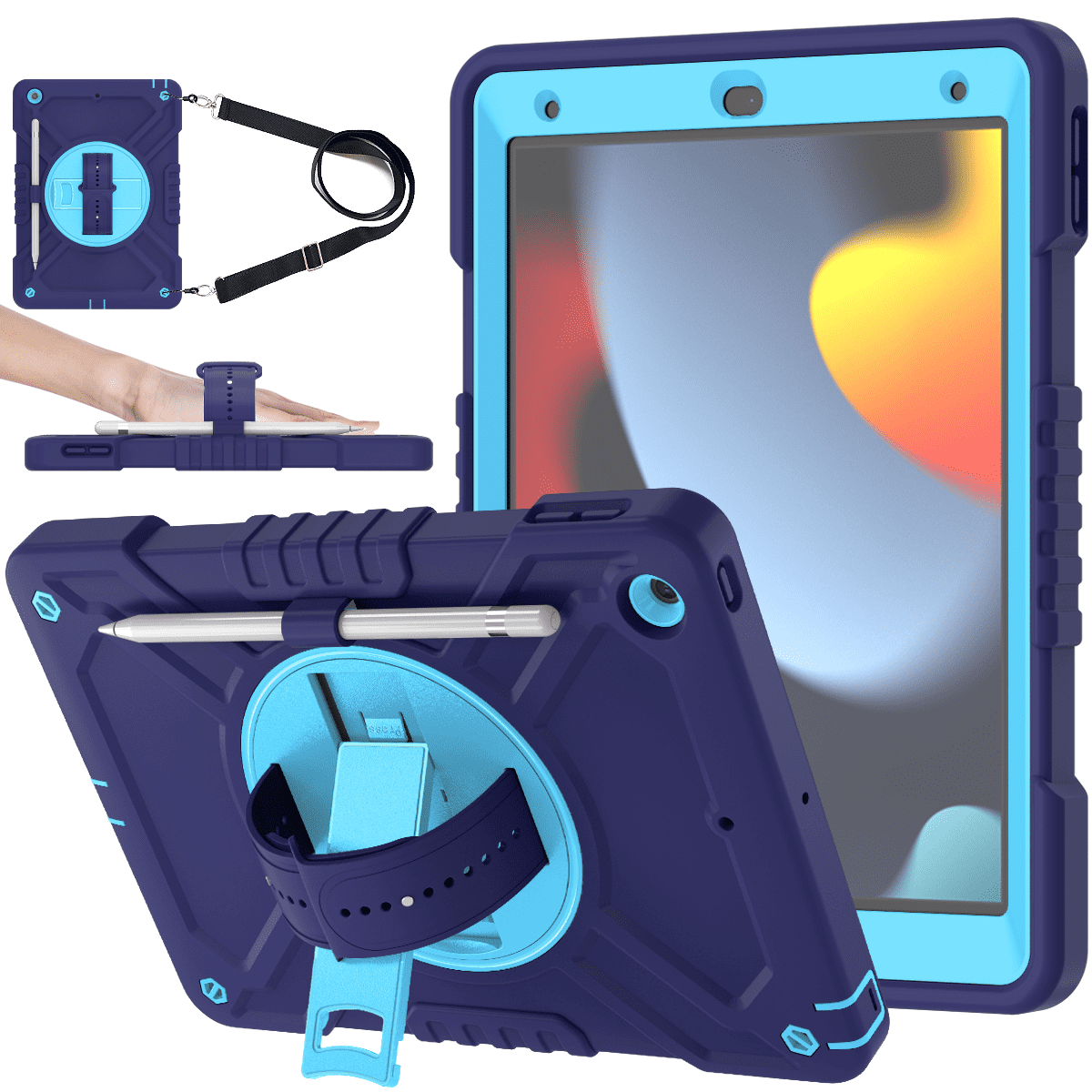 iPad 10.2 case;360 rotatable kickstand;waist shoulder strap tablet cover;full protection iPad case;shockproof tablet cover;portable iPad accessory;adjustable shoulder strap iPad case;durable iPad 10.2 cover;multifunctional tablet case;protective iPad cover