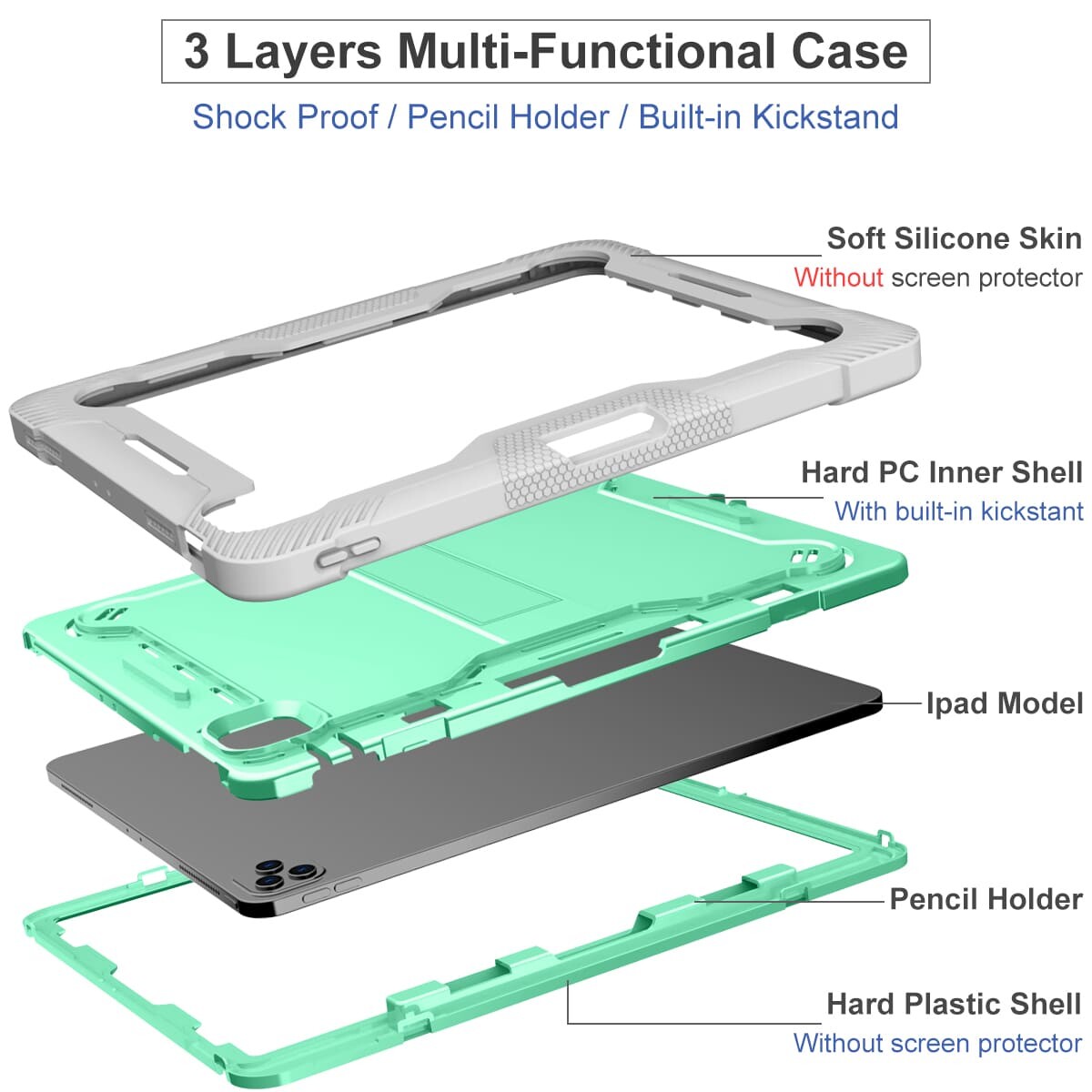 iPad 12.9 case;Shockproof tablet case;Three-in-one iPad case;Anti-fall protective case;Durable iPad cover;iPad case with screen protector;Lightweight iPad case;Heavy-duty tablet case;iPad 12.9 protection;Premium iPad accessories