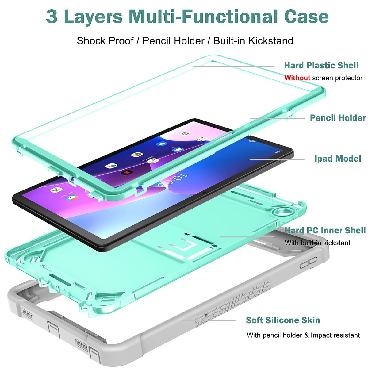 .Heavy Duty Shockproof Case;Lenovo TAB M10 Plus Case;Rugged Armor Tablet Cover;Kickstand Tablet Protective Cover;Shockproof Tablet Case;Durable Tablet Case for TAB M10 Plus;Protective Case for TAB M10 Plus;Rugged Protection Tablet Case;Lightweight Shockproof Cover;TAB M10 Plus Drop Protection