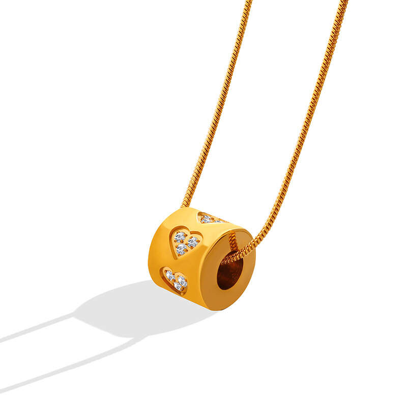 18K Gold Zircon Hollowed Cylindrical Pendant Stainless Steel Necklace