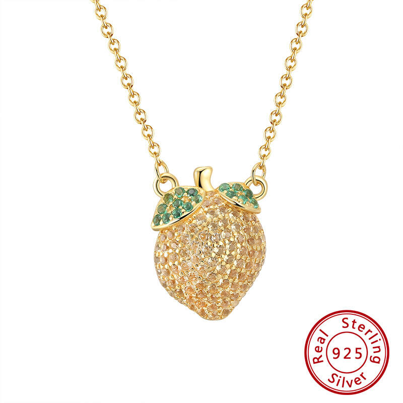 Golden Strawberry with Cubic Zirconia and Green Leaf Pendant Lovely Sterling Silver Necklace