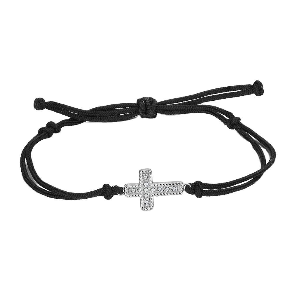 White Gold Plated 925 Sterling Silver Zirconia Cross Black Braided Rope Bracelet