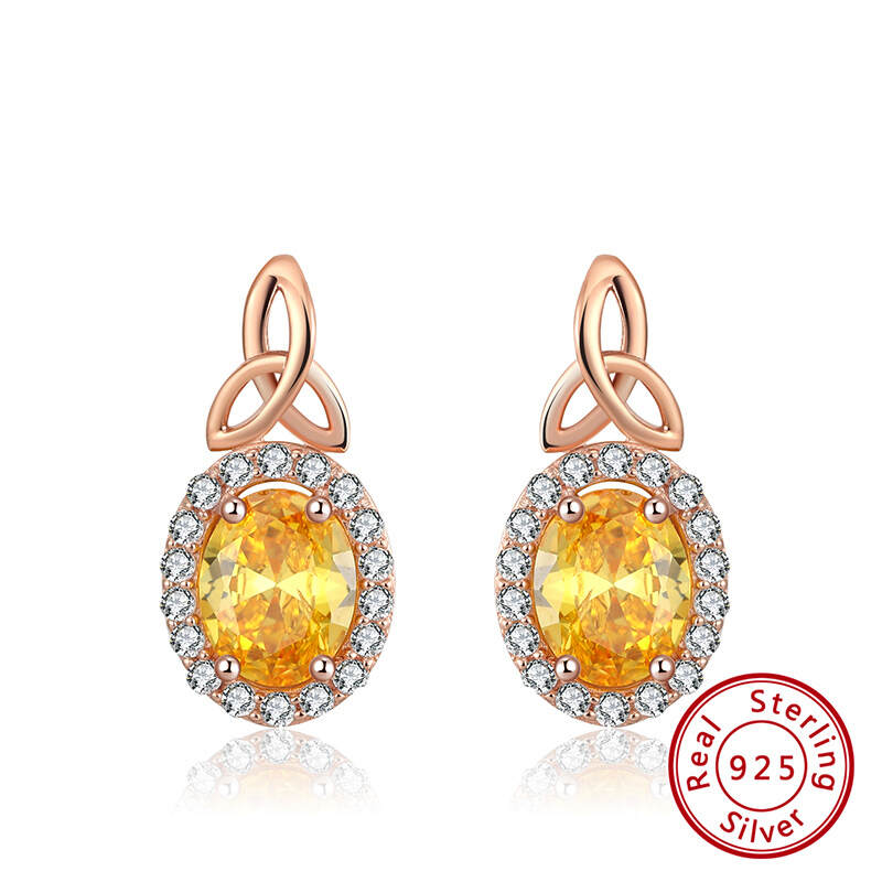 Yellow Cubic Zirconia 925 Sterling Silver Citrine Luxury Oval Cut Stone Earrings Jewelry