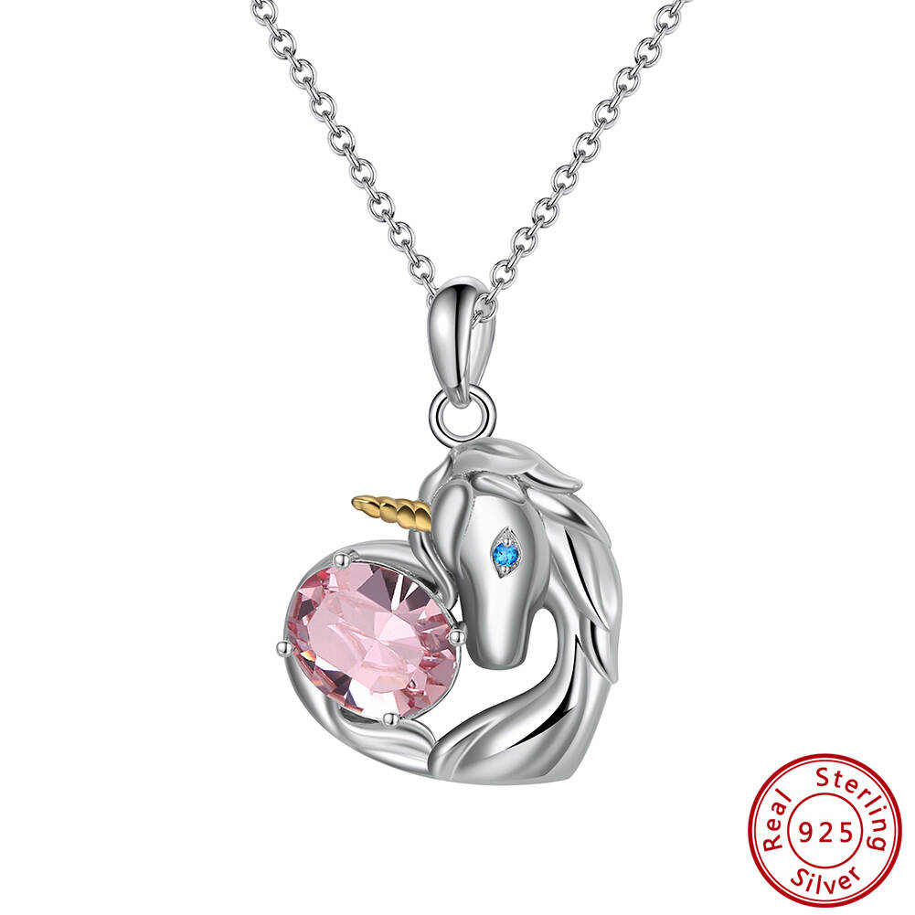 Unicorn Pink Austrian Crystal Pendant 925 Sterling Silver Necklace