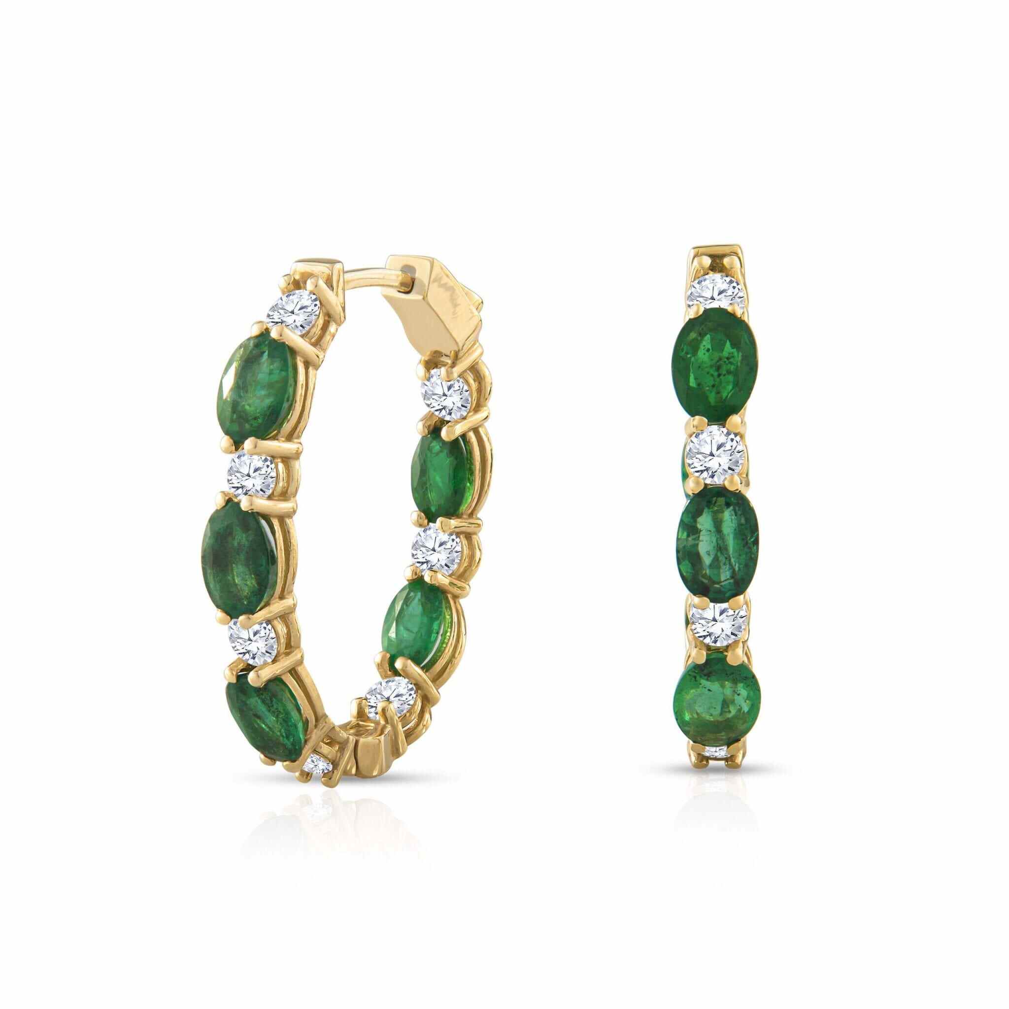 925 Silver Fashion Jewelry Sets - Emerald Hoop Earrings With White Accent Stones