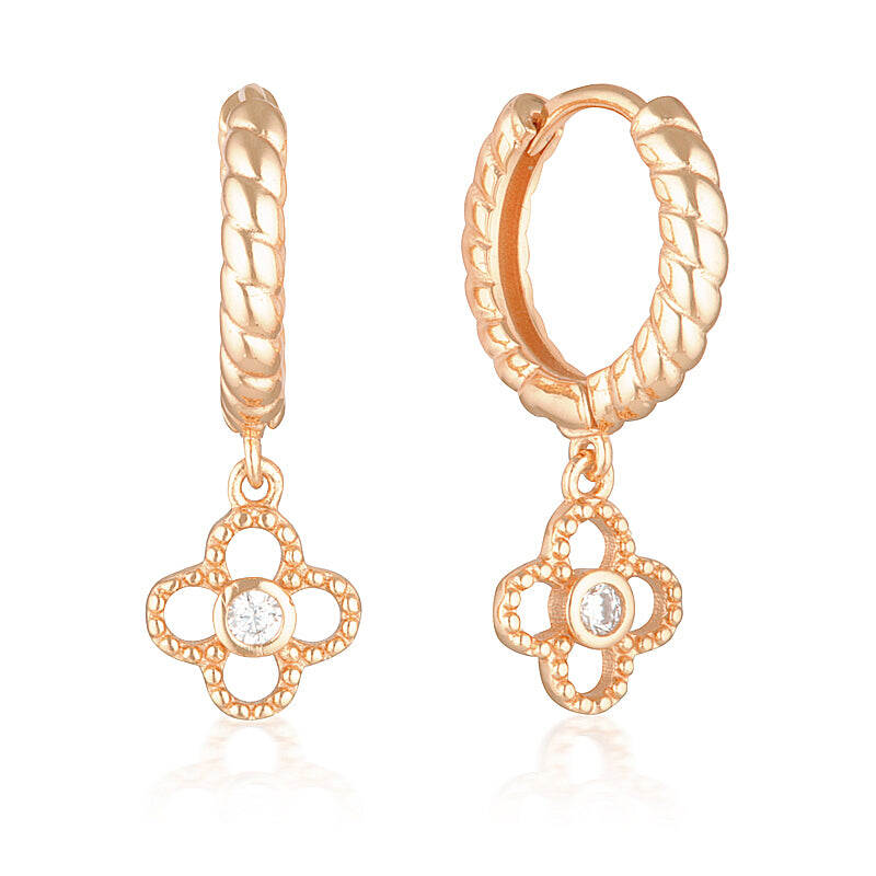 925 Silver Cubic Zirconia Jewelry Set - Rose Gold Twisted Hoop Clover Earrings