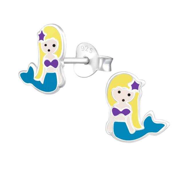 925 Silver Jewelry Kids Set - Cute Enamel Mermaid Stud Earrings