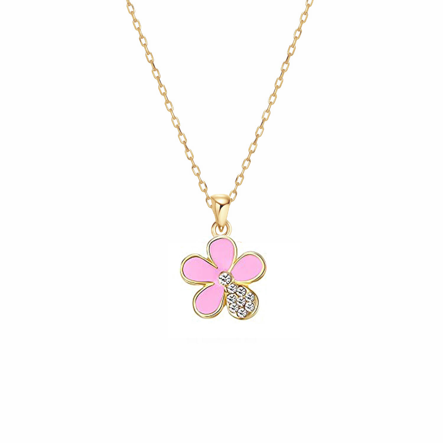 925 Sterling Silver Jewelry For Kids Set - Enamel Pink Flower Pendant