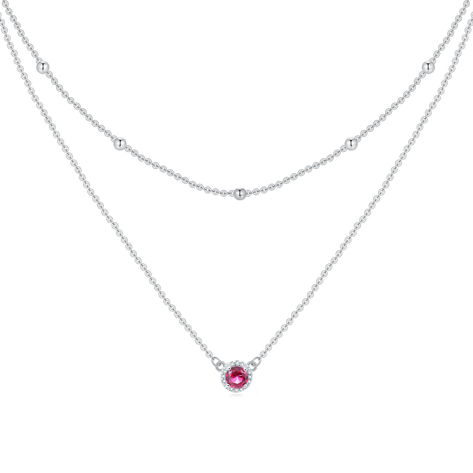 925 Sterling Silver Fashion Jewelry Set - Ruby Halo Double Layers Necklace