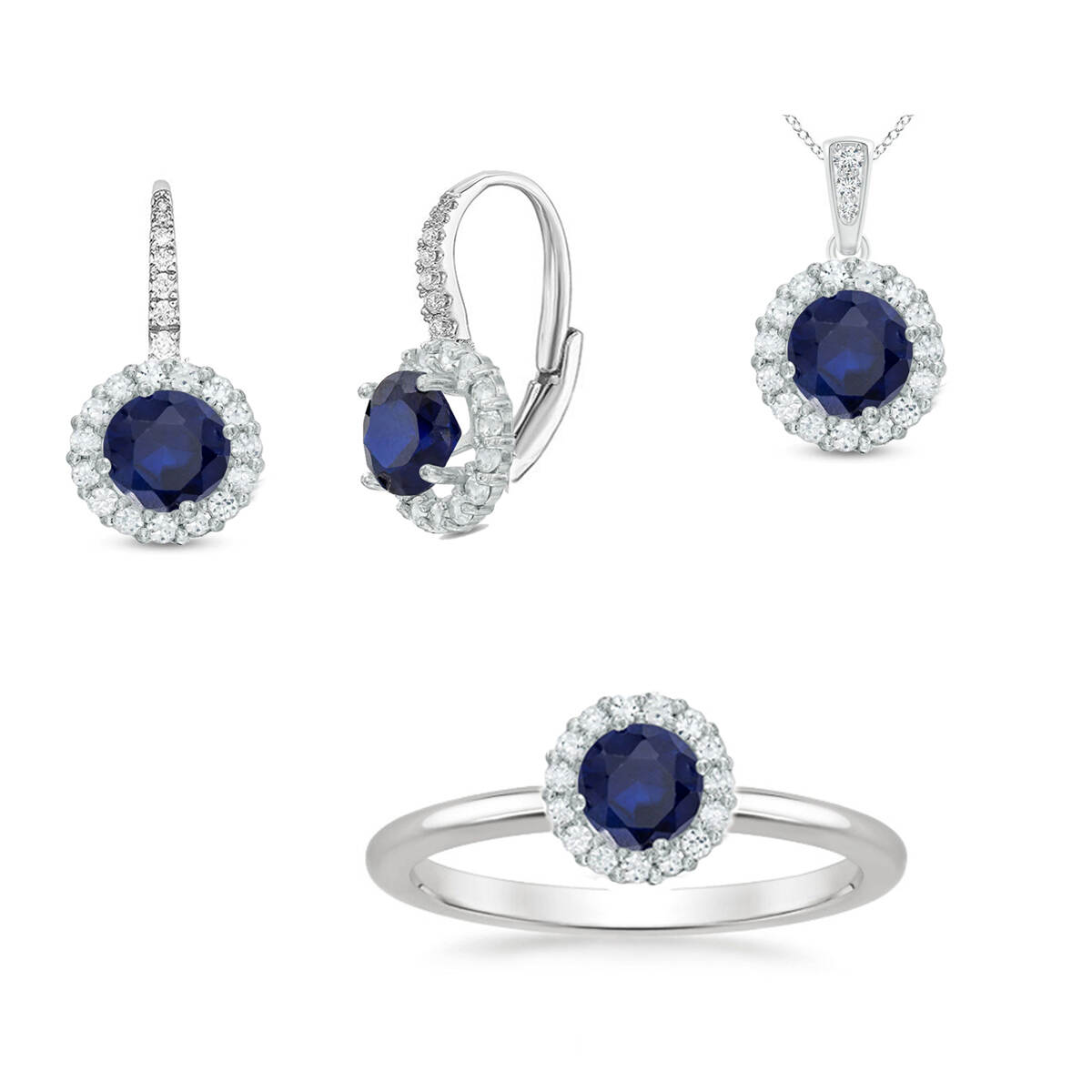 925 Silver High Quality Fashion Classic Cubic Jewelry Leverback Set - Sapphire Blue Set
