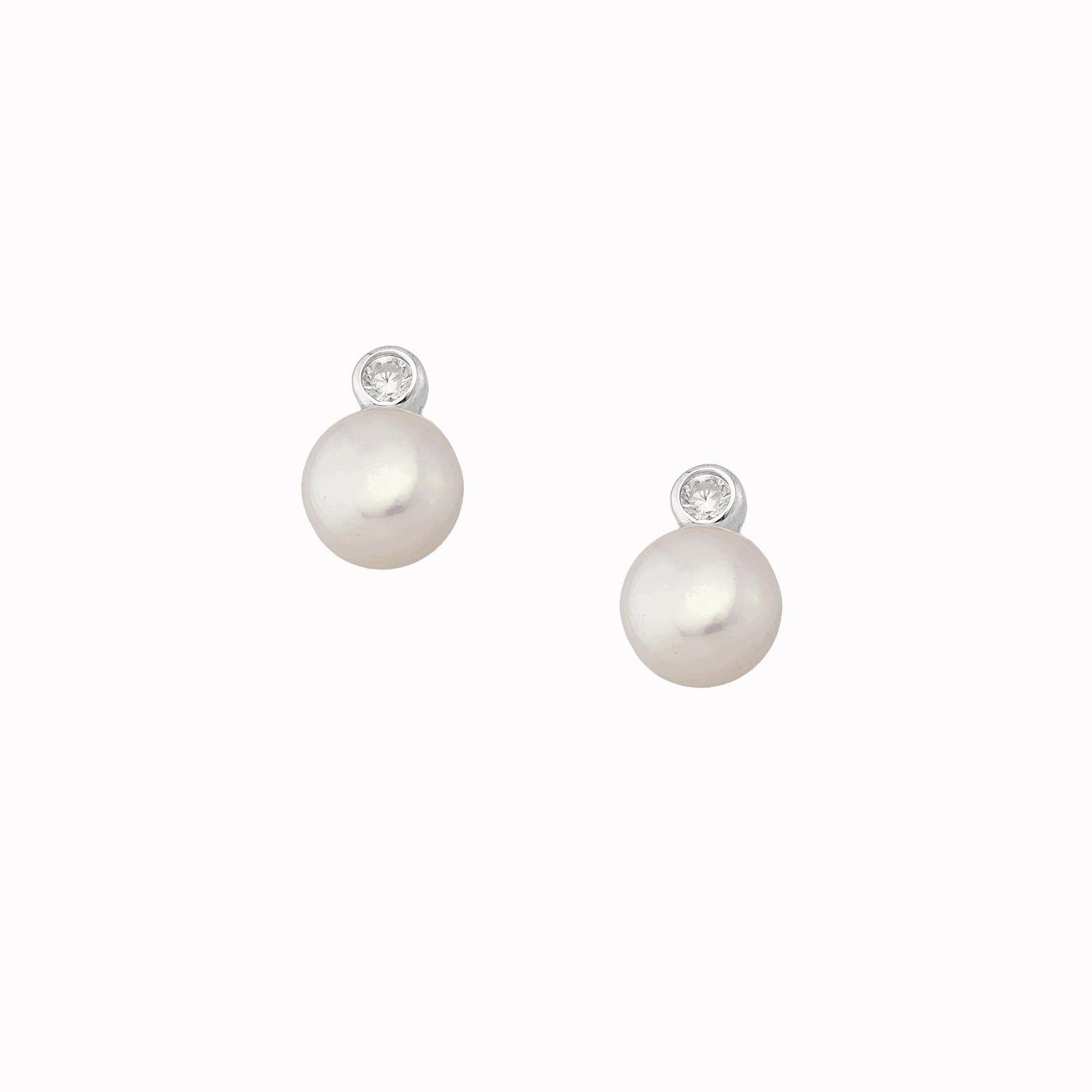 925 Silver Simple Classic Freshwater Pearl Set - Bezel Round Cubic with Freshwater Pearl Earrings