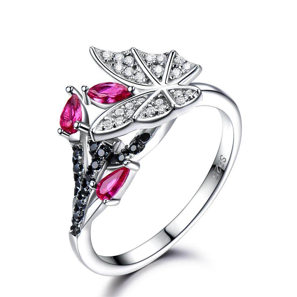 sterling silver created ruby ring, black spinel cocktail ring