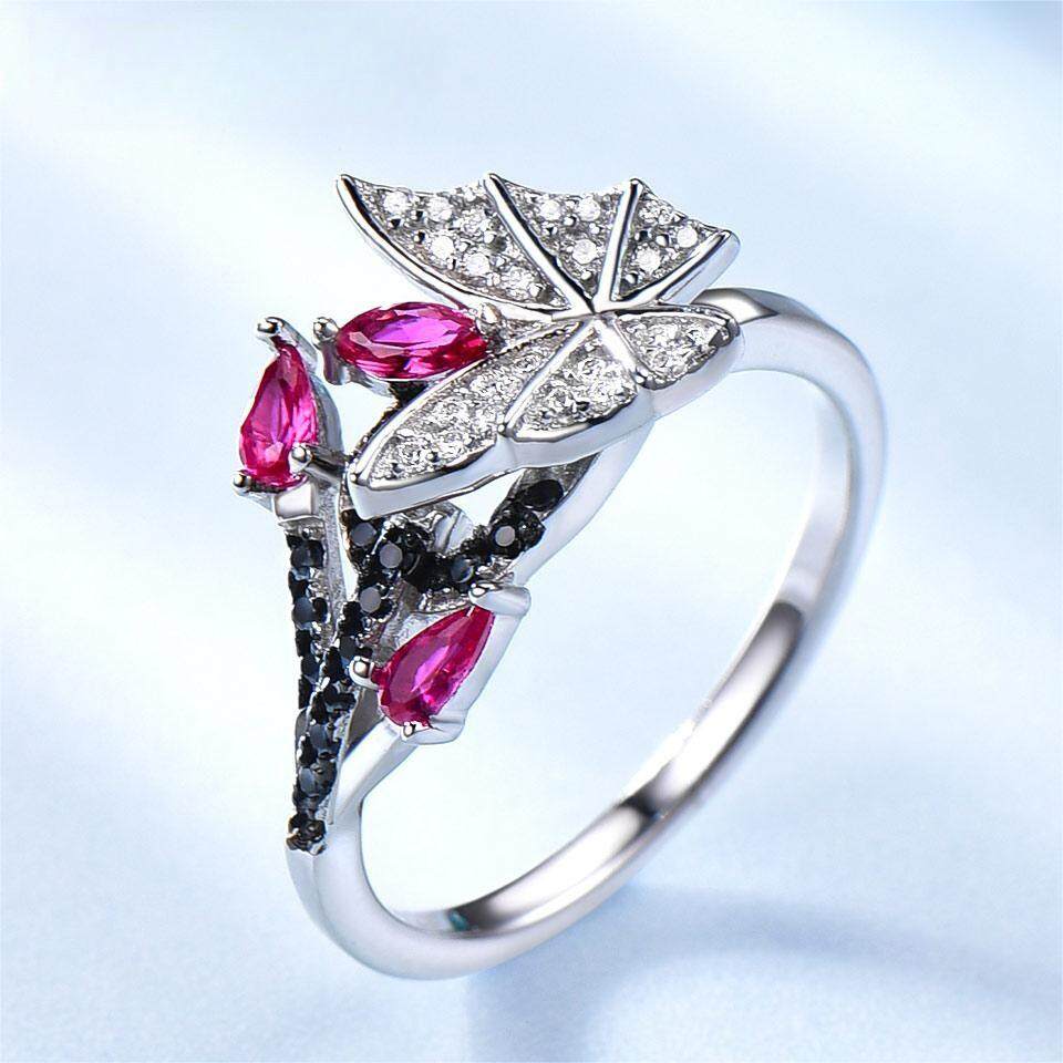 sterling silver created ruby ring, black spinel cocktail ring