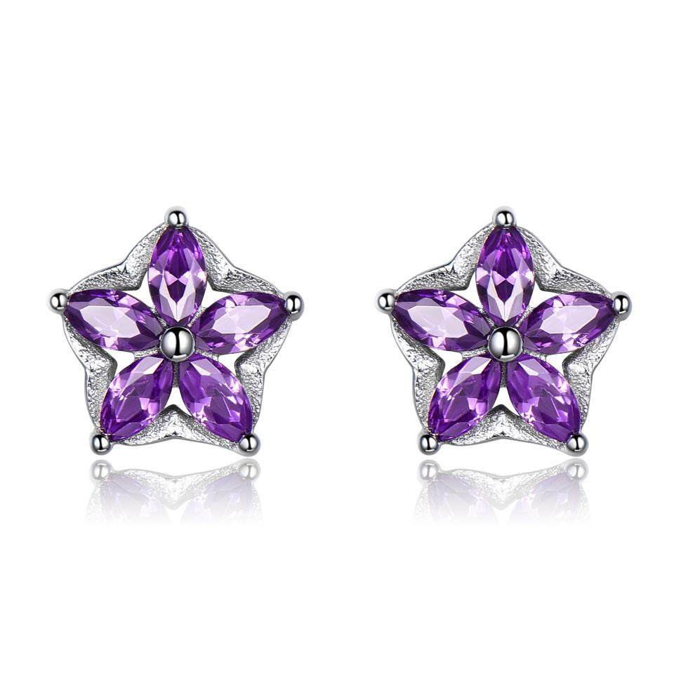 Flower Purple Amethyst Stud Earrings 925 Sterling Silver with Diamond Christmas Gift for Women