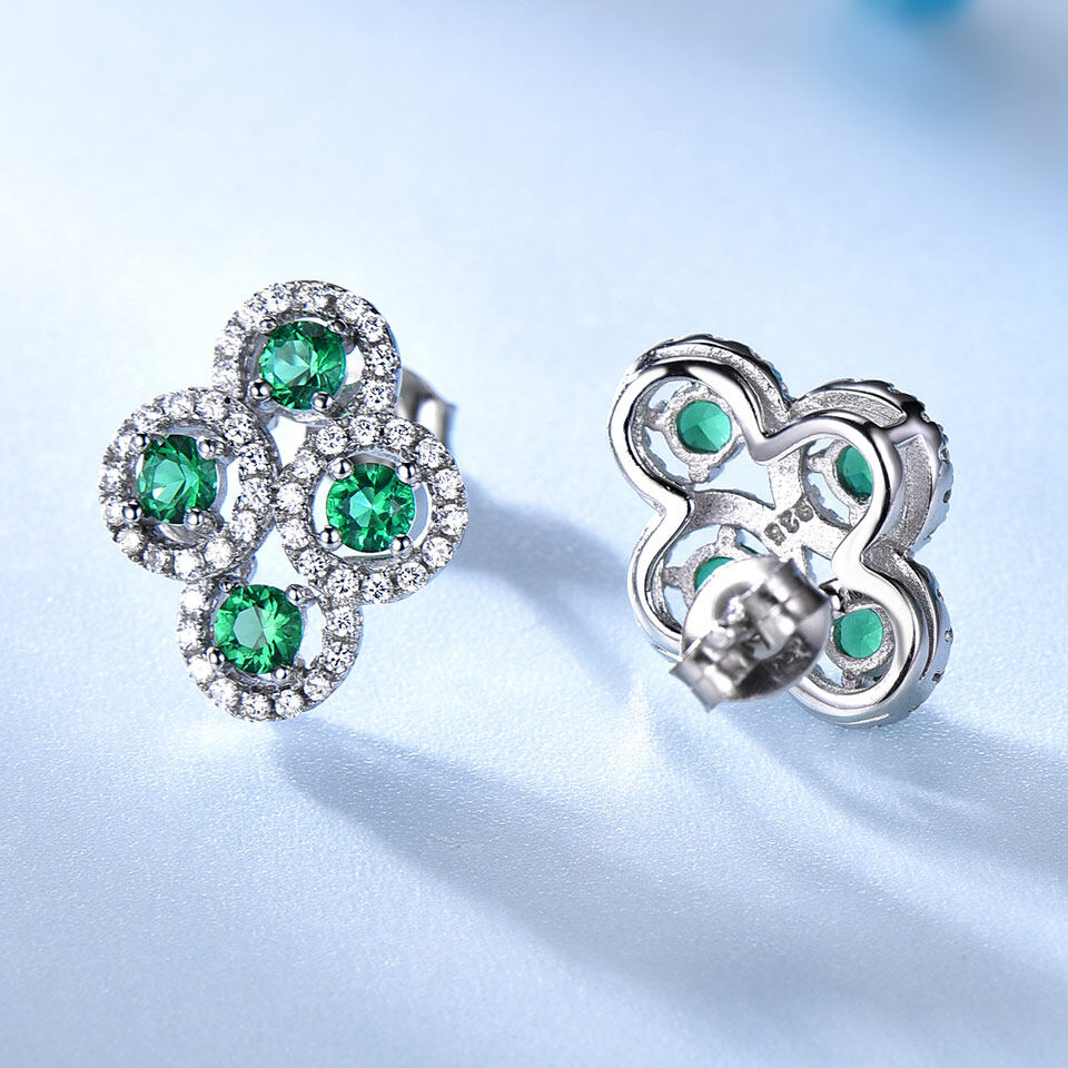 Emerald Green Stud Earrings Sterling Silver 925 with Diamond For Women