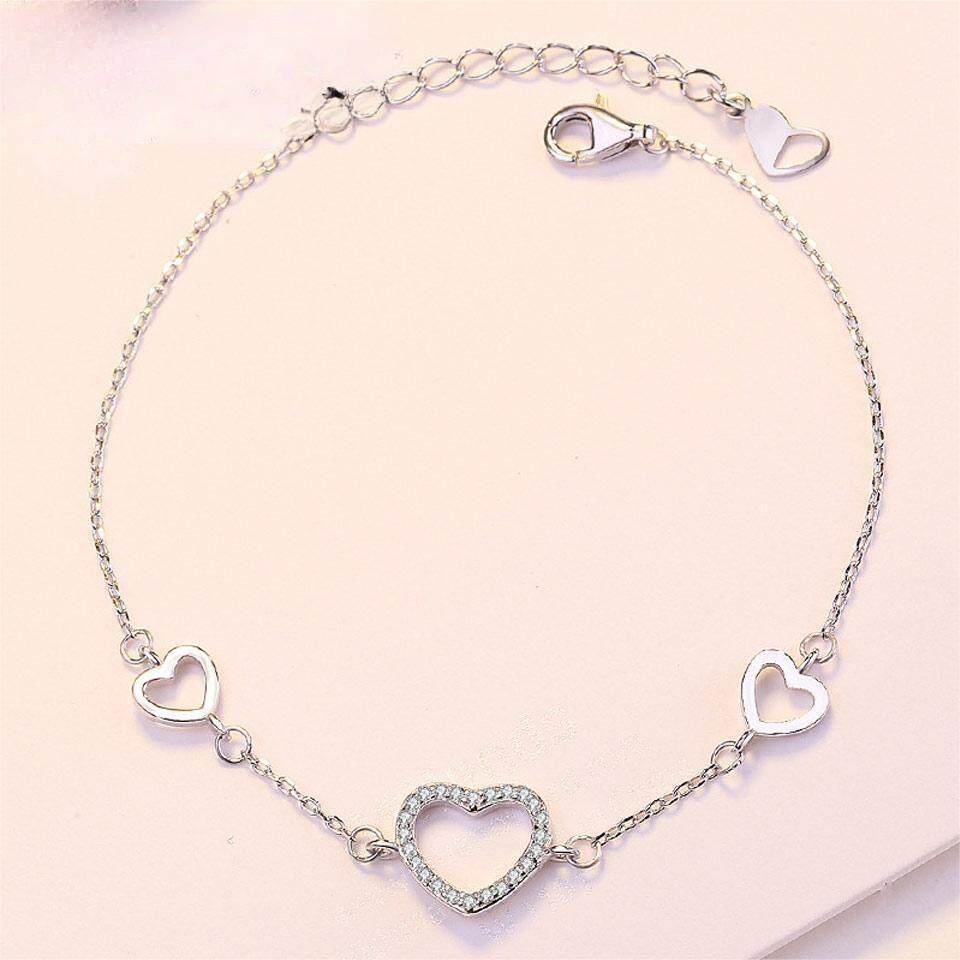 Romantic Heart Shape Zircon Bracelets & Bangles Real 925 Sterling Silver Charm Bracelets For Women Fine Jewelry