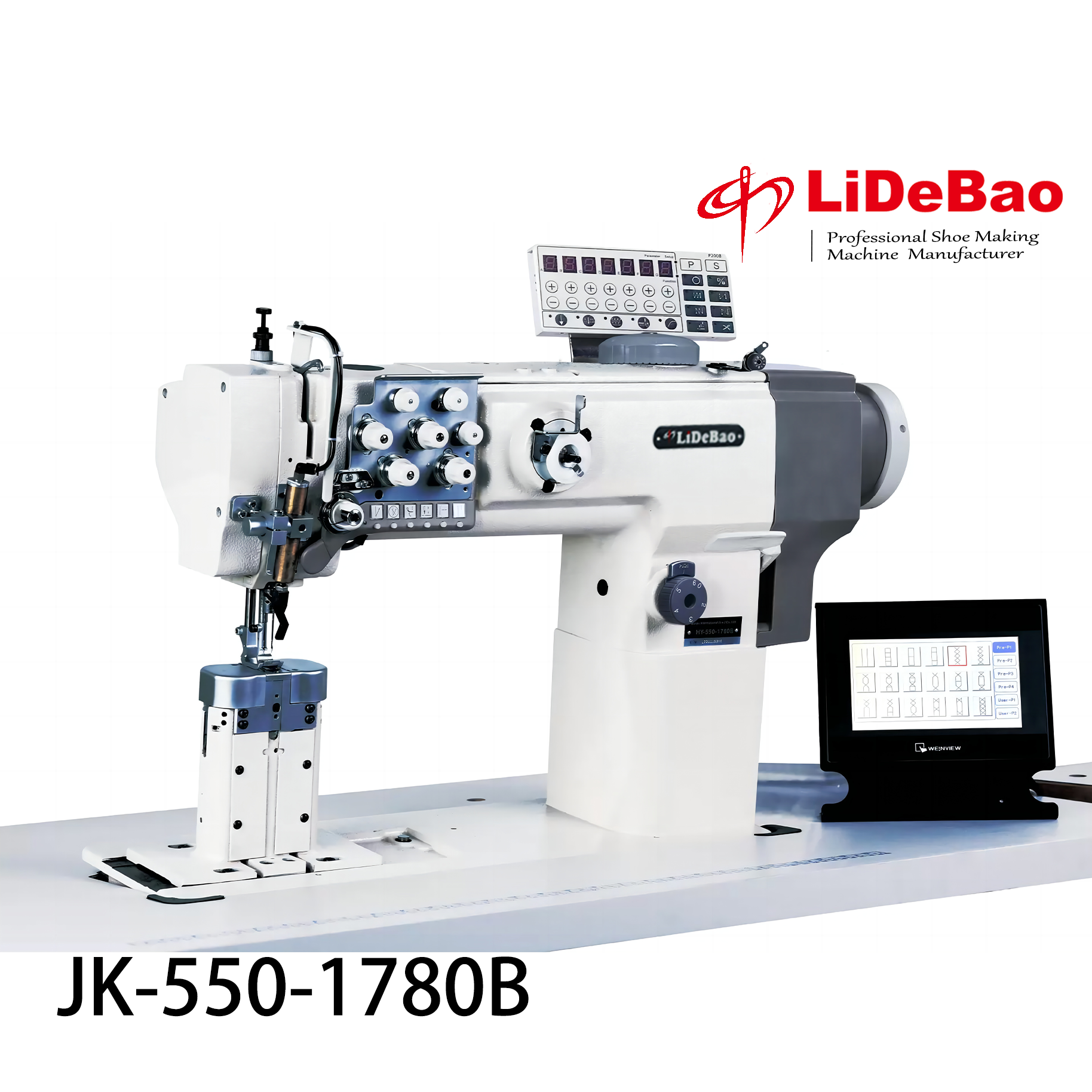 JK-550-1780B, computer control sewing machine, double needle post bed, industrial sewing machine, rotary needle bar, comprehensive feeding system, custom sewing patterns, quick needle adjustment, pattern sewing machine, leather sewing machine