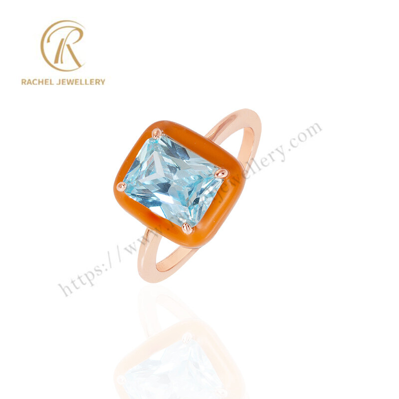 Aqua Blue CZ Orange Enamel Color Original Style Silver 925 Ring