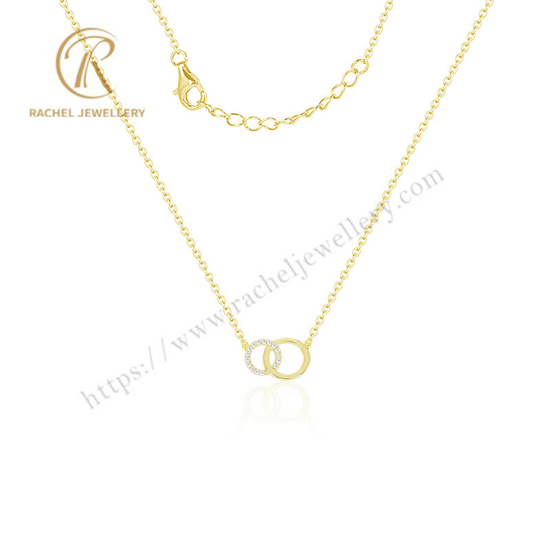 New Arrical Jewellery Solid 925 Silver Double Circle Gold Plated CZ Necklace