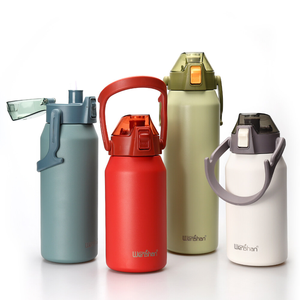 600/800/1000/1200ml capacity stainless steel double-layer water bottle with mobile phone holder handle