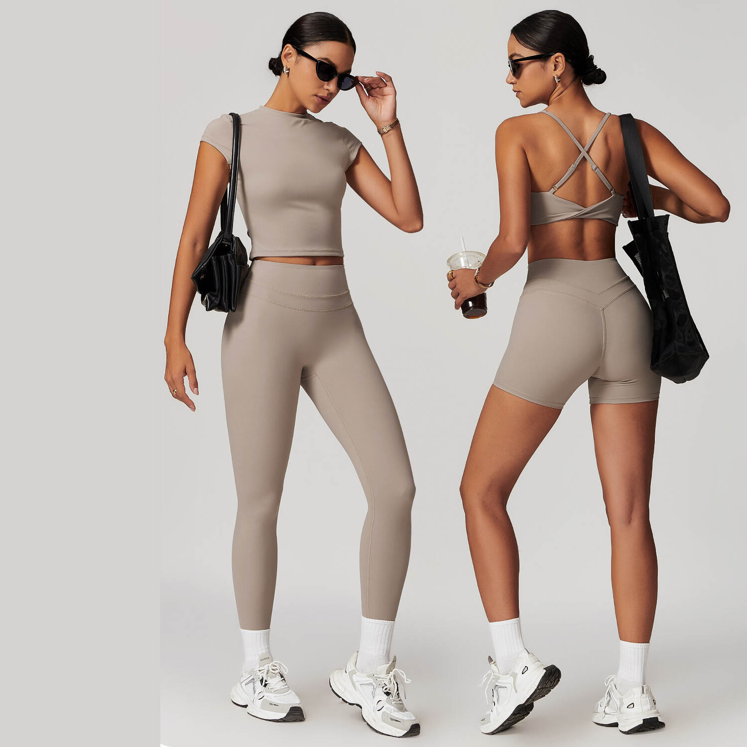  High Elastic Activewear Women Workout Set Short Sleeve Fitness Sports Yoga Gym Wear