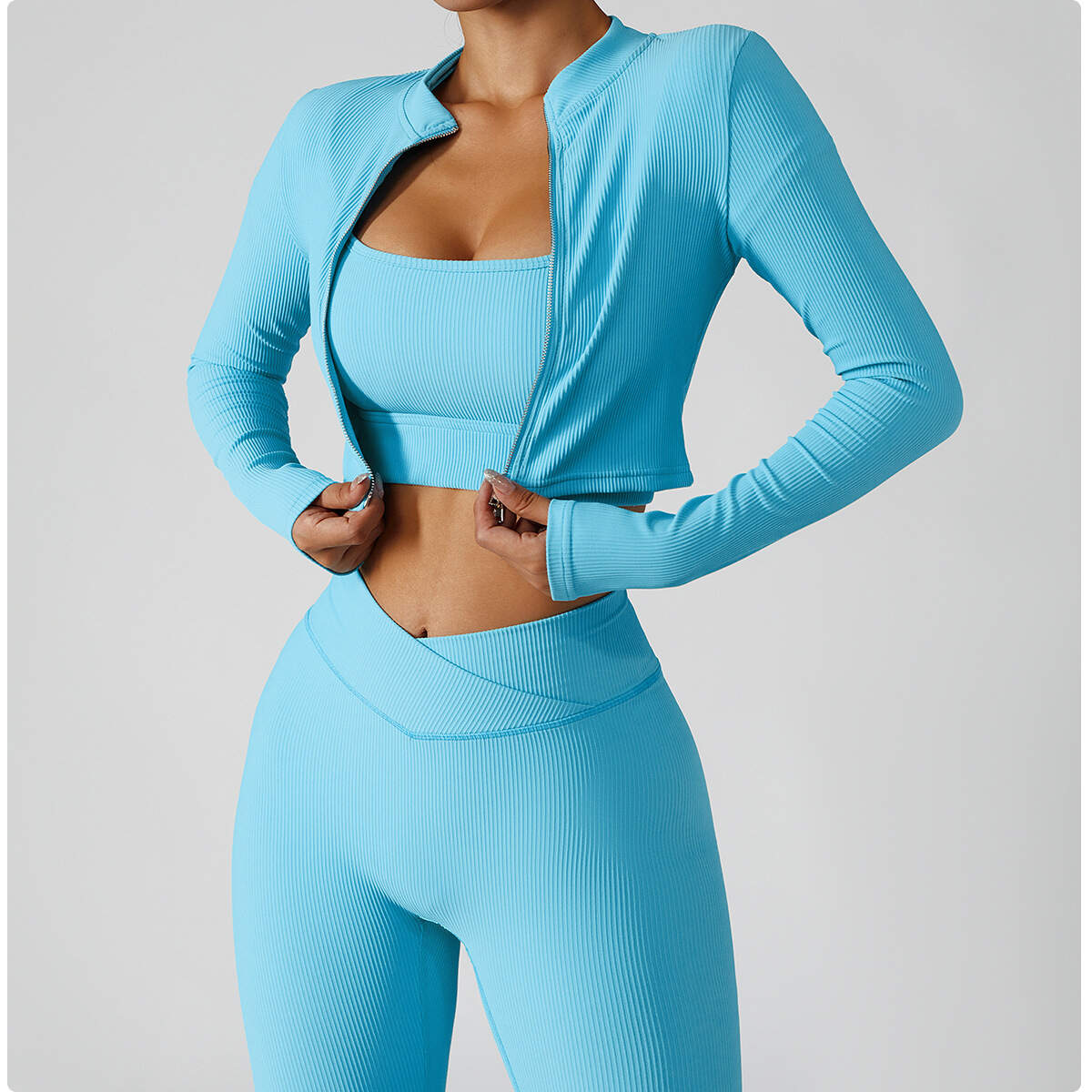 Seamless Activewear Workout Ribbed Long Sleeved Yoga Top Gym Shirt With Zipper
