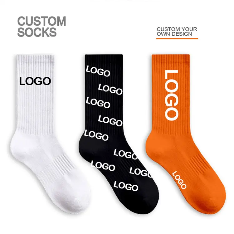 New Outdoor Men White Cashmere Embroidery Thick Cushion Crew Sport Athletic Organic Cotton Custom Logo Socks