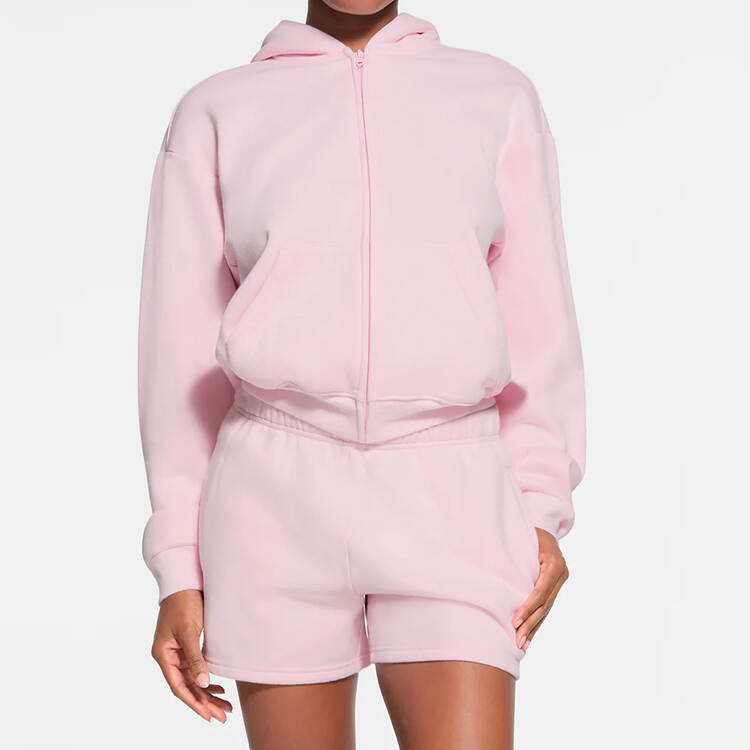 Women Classic Zip Up Hoodie Shorts Set Cotton Fleece Tracksuit For Women Oversized Zipper Hood Sportswear
