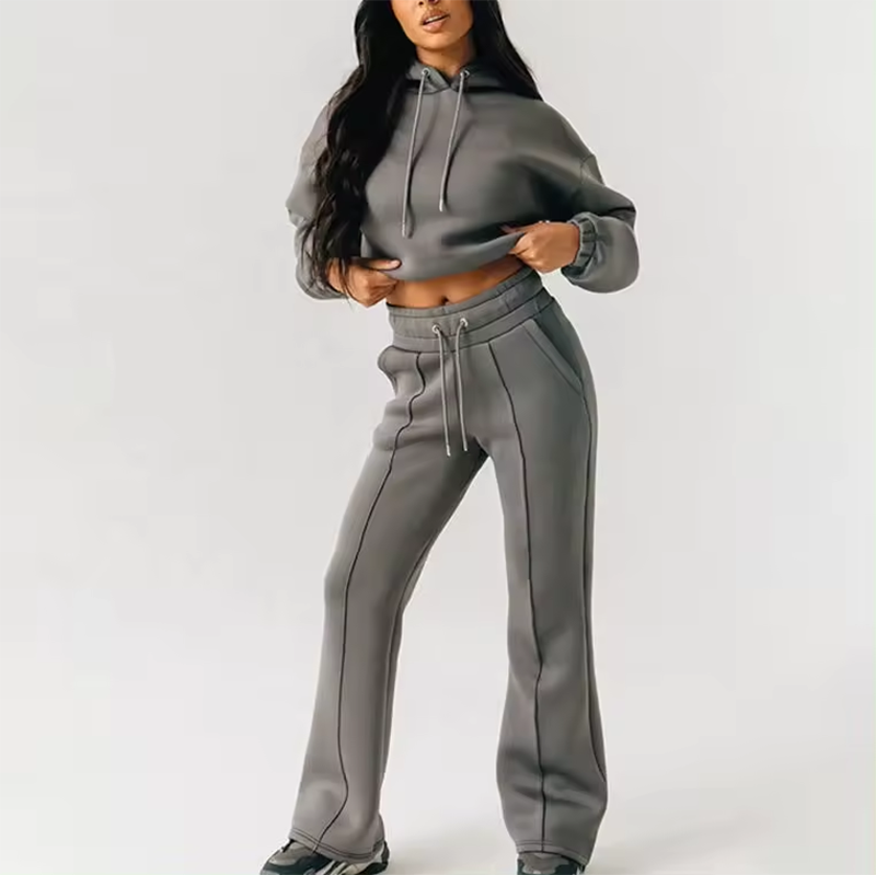 Customized Women's Fleece 2 Piece Outfits Sweatsuit Crop Hooded Pullover Sweatshirt Top straight Jogger Sweatpants Tracksuits Se
